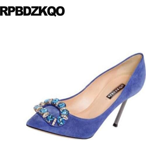 Royal blue ladies thin exotic dancer 8cm red stiletto pumps 11 43 pointed toe high heels 12cm 5 inch diamond shoes big size