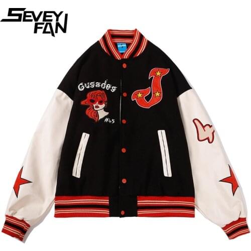 SEVEYFAN Mens Fashion Girls Embroidery PU Leather Patchwork Baseball Jacket Hip Hop Loose Coat Streetwear for Couples