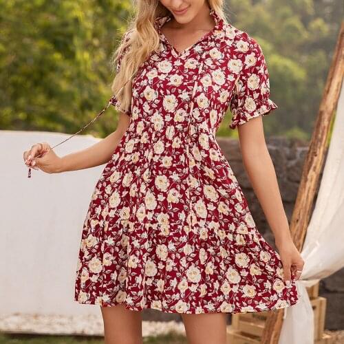 Summer Dress Womens Clothing 2021 Womens Floral Print Short-Sleeved Dress For Woman A-Line Mini Dresses Female Vestidos Robes