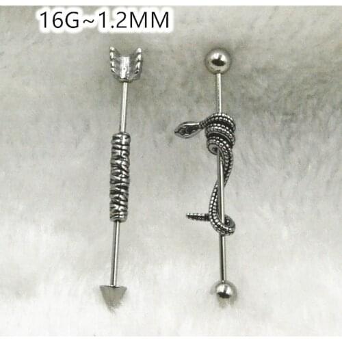 Lot50pcs 16Gx38MM Arrow Snake Surgical Steel Industrial Ear Scaffold Barbells Cartilage Helix Bar Body Jewelry Piercing Earring