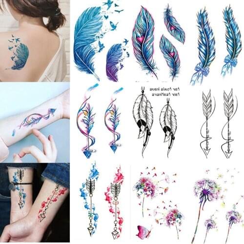 Sale New Sweet Blue Feather Flower Arm Back Temporary Stickers Female Men Couple Disposable Tattoo Stickers Fashion Body Art