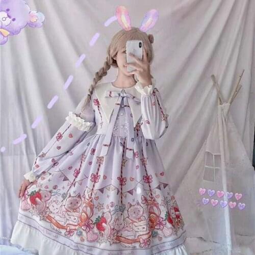 Lolita Dress Sweet Cute Kawaii Girls Princess Maid Vintage Ruffles Cute cat Long Sleeve Wine Red Purple Women Skirt Round Colla