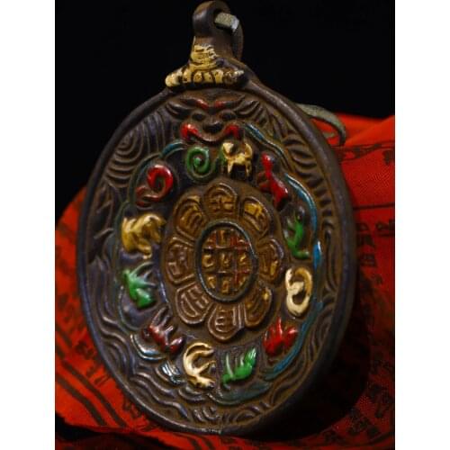 4"Tibet Temple Collection Old Bronze Tracing eight treasures Zodiac Pendant Amulet Town House Exorcism Ward off evil spirits