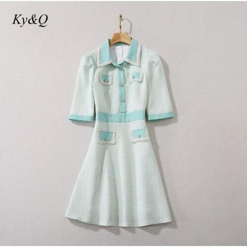 Runway Luxury Brand Design Party Clothes 2020 Autumn Green Elegant Lapel Slim Waist Slim Botton Party Vacation A-line Midi Dress