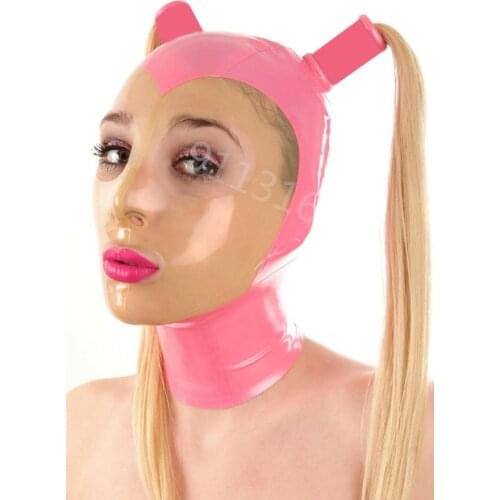 Transparent & pink Handmade Latex Mask Rubber Hood Gummi 0.4mm with wigs Halloween Unisex Party Wear Cosplay Mask