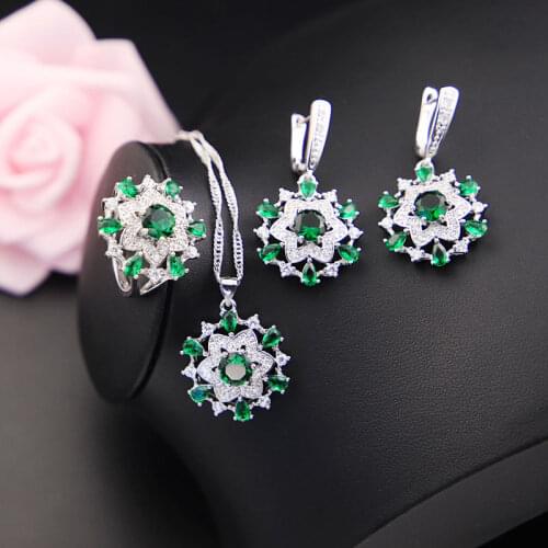 Many Colors Shiny Flower Green Cubic Zircon & Crystal Silver Color Jewelry Set For Women Earring Pendant Ring Necklace
