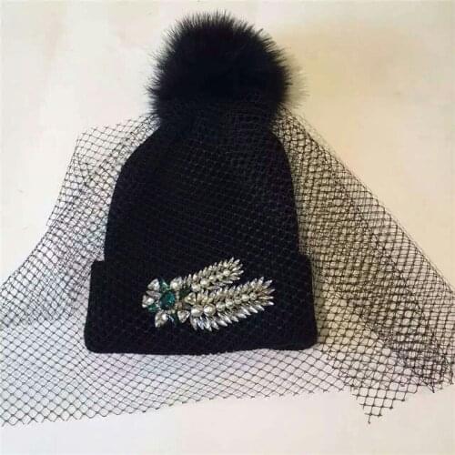 Luxury show wild models Shourouk Korea new fashion gem drill mesh yarn knitted hat female Korean version of the tide hat 467