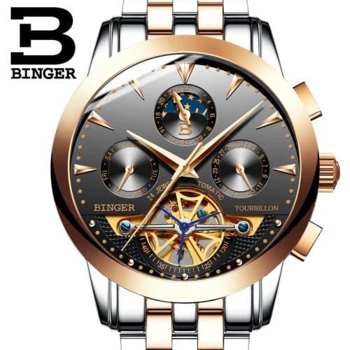 Switzerland luxury mens watch BINGER brand Tourbillion Mechanical Wristwatches Sapphire full stainless steel Clock Male B1188-6
