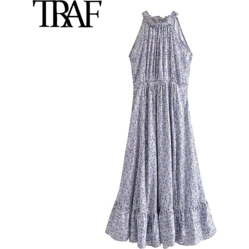 TRAF Women Chic Fashion Floral Print Ruffled Midi Dress Vintage Halter Neck Elastic Waist Female Dresses Vestidos Mujer