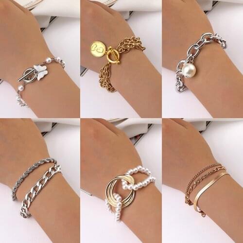 Punk Vintage Chain Bracelets & bangles For Women Girls Pearl Pendant Bracelrt Butterfly Chain Link Fashion Jewelry Accessories