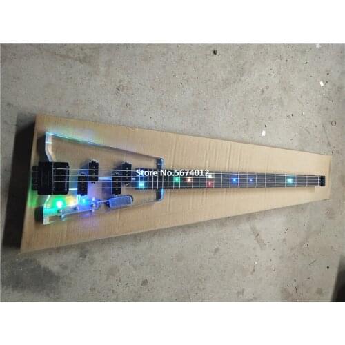 High-quality customized version 4 string headless electric bass crystal glass transparent body led led luminescent colorf