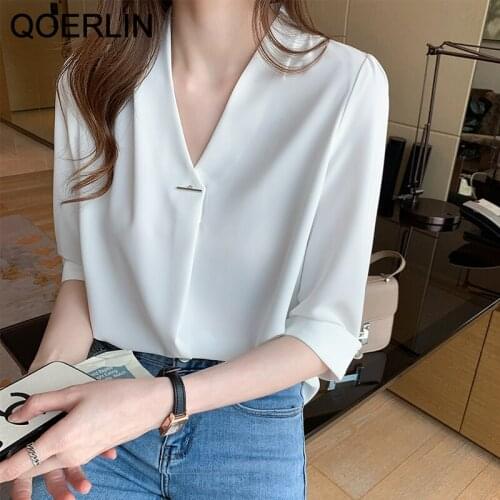 QOERLIN Formal V-neck Women White Shirt Half Sleeve 2021 New Blue Chiffon Blouse Summer Plus Size Female Shirt Plus Size S-2XL