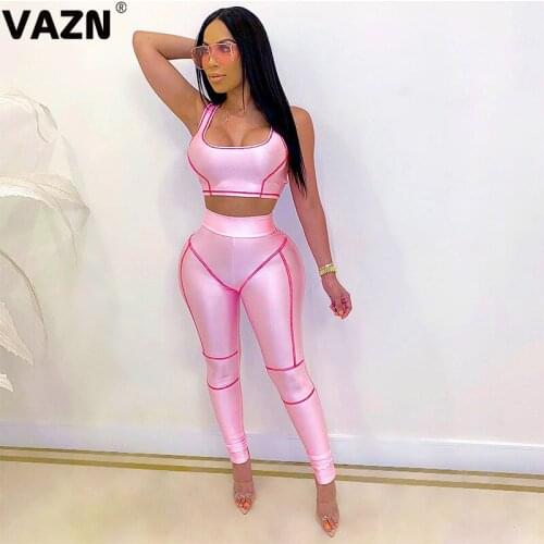 VAZN 2020 Solid Shinny Slim O-neck Sleeveless Full Pant Fitness 2PCs Set Casual Beach Clothing Ladies Women Sets