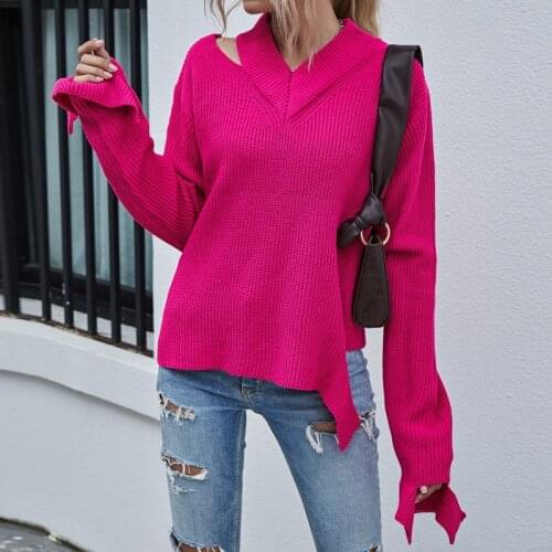 Womens Neon Sweater Autumn Winter Females Long Sleeve V-Neck Fashion Hollow Out Collar Knitted Pullover Shirts