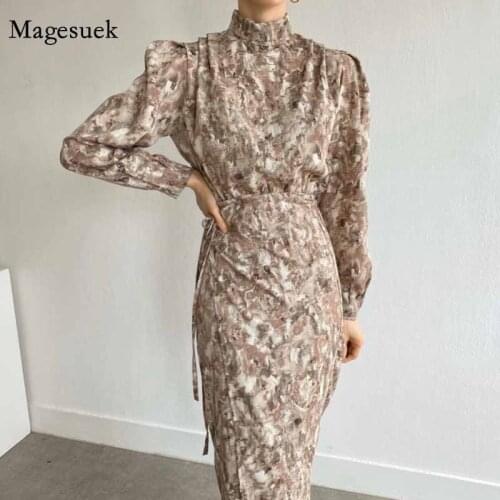 Autumn Winter Fashion Ruched Print Stand Collar Long Dress Vintage Smudged Ink Flower One-piece Dresses for Women Robe 12796