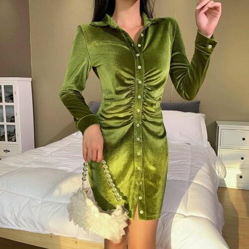 2021 New Style Women Solid Color Skinny Dress Ladies Elegant Long Sleeve Pleated Mini Dress Spring Autumn