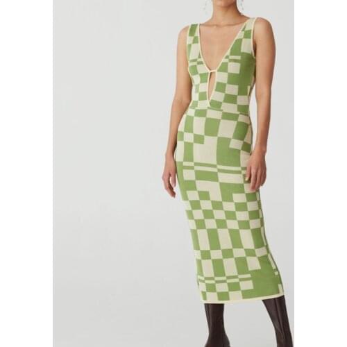 Knitted Womens Dress Female Sexy Bodycon Party Dresses Backless V Neck Plaid Spaghetti Strap Hollow Out Women Dresses Vestidos