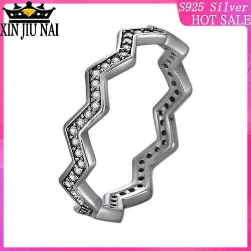 100% 925 Sterling Silver Shiny Word Set Womens Fall Simple Charming Retro Foldable Vintage Thai Silver Wave Zigzag Ring