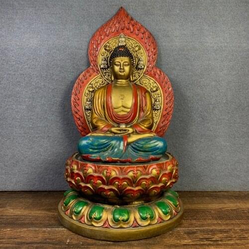 11"Tibet Buddhism Old Bronze Painted Amitabha Buddha statue Backlight Buddha sitting on lotus platform Sakyamuni