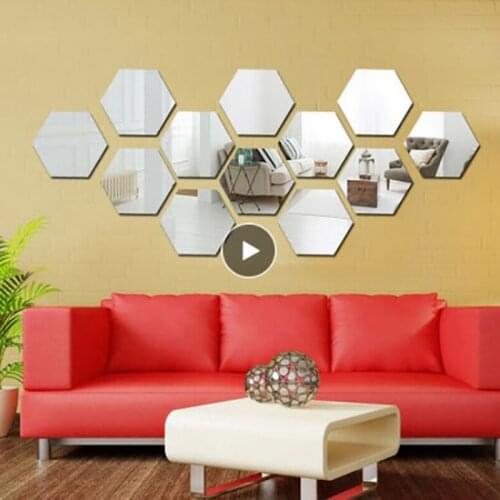 12PCs/Set DIY 3D Mirror Wall Stickers Hexagon Home Decor Mirror Decor Sticker Mural Removable Living-Room Decal Art Ornament