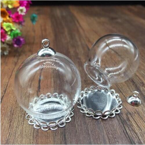 20sets/lot 30*20mm Glass globe silver plated double lace setting base 8mm cap glass vial pendant DIY glass necklace pendant dome