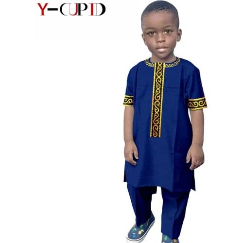 African Clothes for Kids Bazin Riche Traditional Solid Jacquard Fabric Children Boys Applique Long Top and Pants Sets Y214001