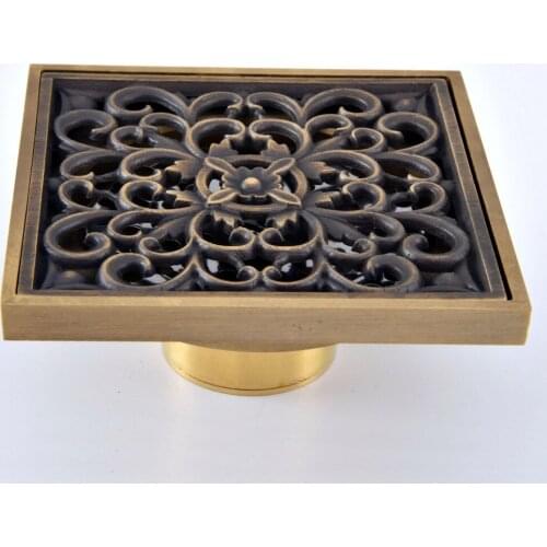 Antique Brass Vintage Retro Carved Flower Pattern Bathroom Shower Drain 4" Square Floor Drain Waste Grates ahr078