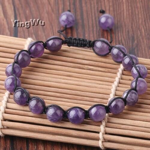 Yingwu 8mm Purple Crystal Healing Stones Bracelet Quartz Natural Stone Adjustable Braided Rope Beaded Bracelets for Women Men