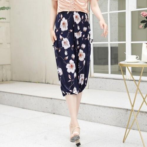 Womens Three-Quarter Pants Floral Print Harem Loose Elastic Waist Ladies Trouser Casual Plus Size Breeches for Female