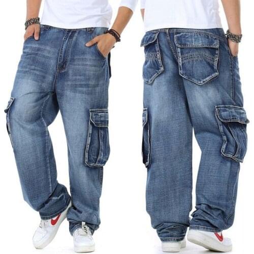 Size 30 - 48 Baggy Hip Hop Jeans Men Wide Legs Denim Pant Loose Streetwear Fit Relaxed Straight Casual Big Pocket Blue Trousers
