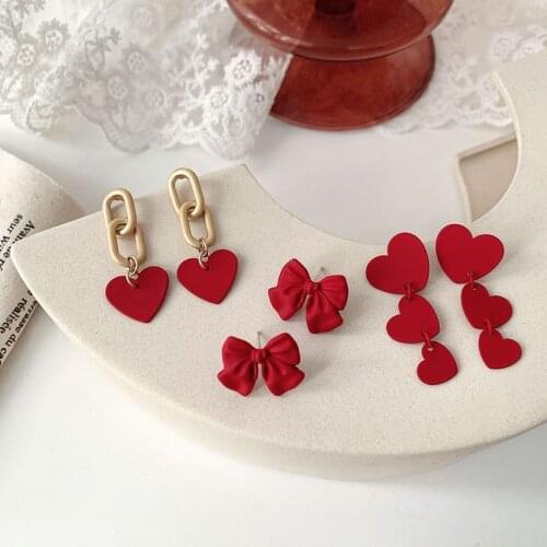 Elegant Red Color Round Heart Bowknot Sweet Drop Earrings Women Pearl Zircon Rose Flower Petal Wedding Earrings Tassel Brincos