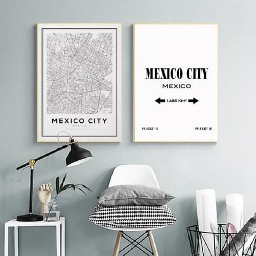 Mexico City Map Prints Art Canvas Painting Posters Travel Black and White Latitude Longitude Wall Art Pictures Home Wall Decor