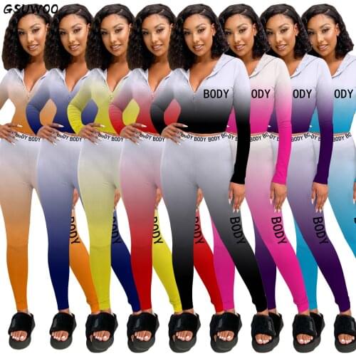 GSUWOO Leisure Sports Leggings Suit Women Body Letter Print Gradient Color Sport Outfits Long Sleeve Hooded Pants 2pcs Sets