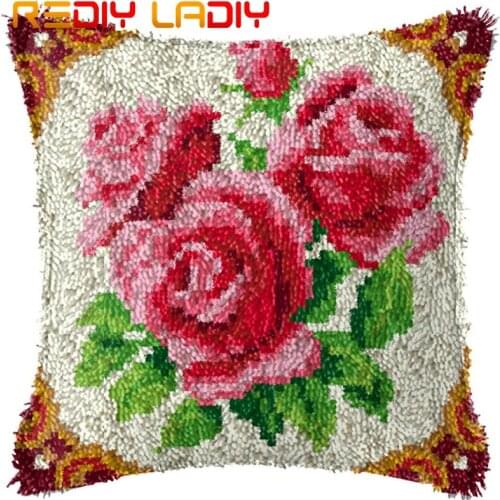 Latch Hook Cushion Three Red Roses Printed Canvas Cushion Cover Acrylic Yarn Crochet Pillow Case Kits Hobby & Crafts Home Decor
