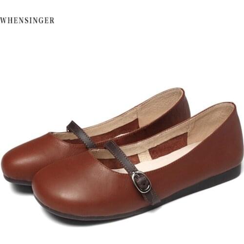 Whensinger - Women Flat Shoes loafers Genuine Leather Casual Flats Shoe Soft Moccasins Lady Buckle Driving Shoes