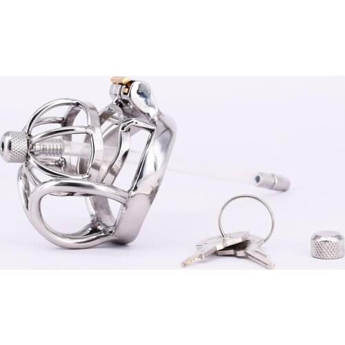 Stainless Steel Male Cock Cage Metal Penisring Curved Testicle Restraints Gear Chastity Devices with Urethral Catheter Plug Sex