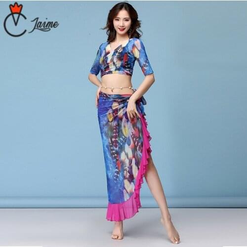 New Fashion Women Dance Clothing Tie-dye Peacocks Belly Dance Costume 2pcs Top Skirt linen swing Ruffle skirt