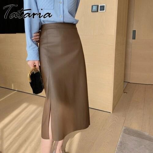 2021 New Fashion Womens Skirt with Side Slit Autumn Winter PU Leather Skirts Black Office Lady A-line Mid Skirt Basic Faldas
