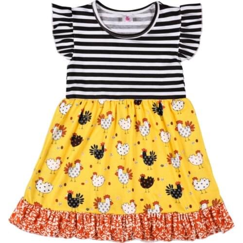 New Arrival Girls Dresses Children Flying Sleeves Striped Top Chicken Printed Dresses Fashion Girls Clothes