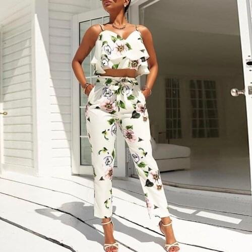 New Women Fashion Flounced Spaghetti Strap Floral Harness Tops Cropped Pantsuit Summer Fashion
