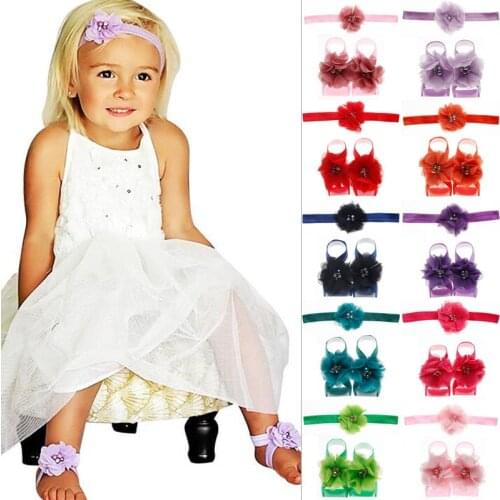 Solid Color Newborn Baby Chiffon Flower Headband Hair Accessories and Barefoot Sandal Shoes Set Fashion Children Birthday Gifts