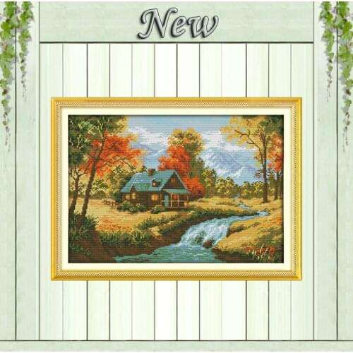 The autumn stream Scenery,11CT print on canvas DMC 14CT Cross Stitch kits,needlework all embroidery Sets,Cabin Scenic Home Decor