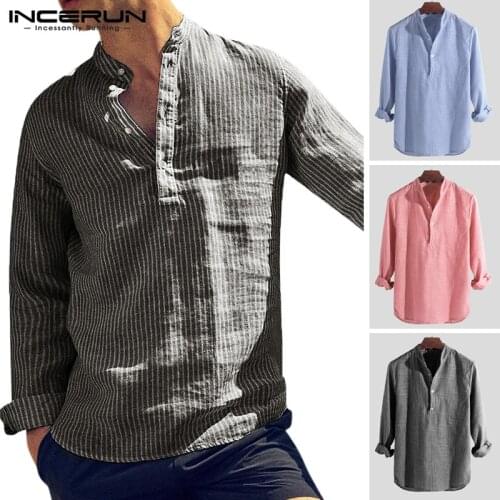 INCERUN Autumn Vintage Men Brand Shirts Striped Chic Stand Collar Button Long Sleeve Camisa Fashion Casual Shirts Men 2021 S-5XL