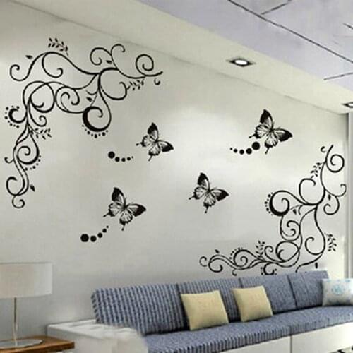 3D lowest price calssic black butterfly flower Wall sticker home decor poster flora butterflies TV wall beautiful decoration
