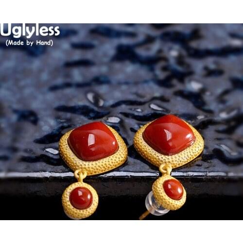 Uglyless Simple Fashion Geometric Square Agate Gemstones Earrings for Women Antioxidant Gold 925 Silver Earrings Knocking Face