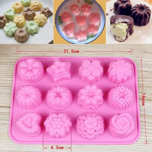 Hot Sale12 Flowers Bakeware Silicone Muffin Tray Candy Cupcake Jelly Mold Chocolate Moulds Baking Pan Random Color