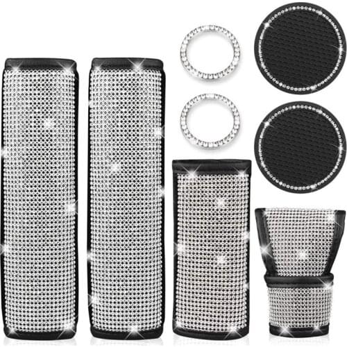 Rhinestones Car Accessories Set Bling Seat Belt Covers,Gear Shift Cover,Handbrake Cover Engine Bling Ring,Car Coasters