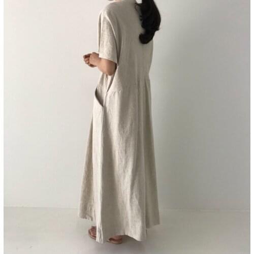 Loose slouchy big pocket retro hemp V-neck dress