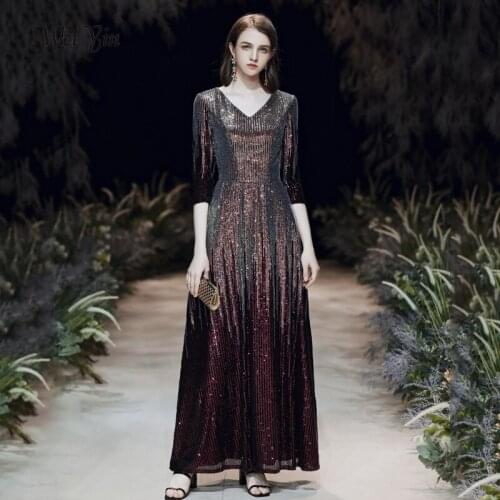 Weiyin AE0579 V-neck Half Sleeve Shinning Sequins Evening Dresses Sexy Mermaid Party Gowns Maxi Elegant Multi Female vestidos