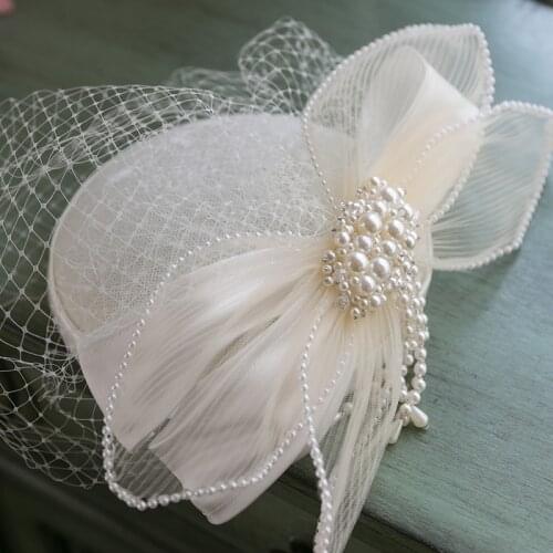 Vintage White Fascinator Hat Hair Clip Headwear Pearl Bow Veil Bride Headdress Fancy Show Cocktail Wedding Women Hat Headpiece